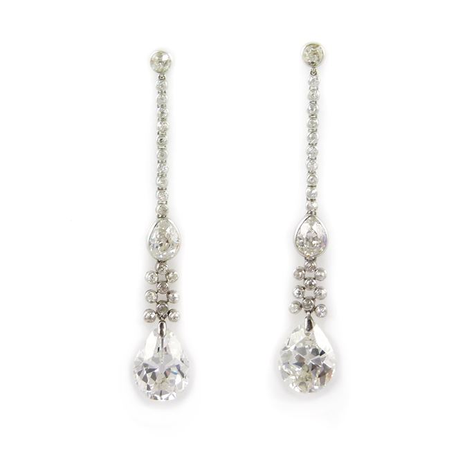 Pair of antique pear shaped diamond and diamond line pendant earrings, French c.1910, with principal diamond drops 4.98ct E VS2 and 4.60ct H VS2, | MasterArt